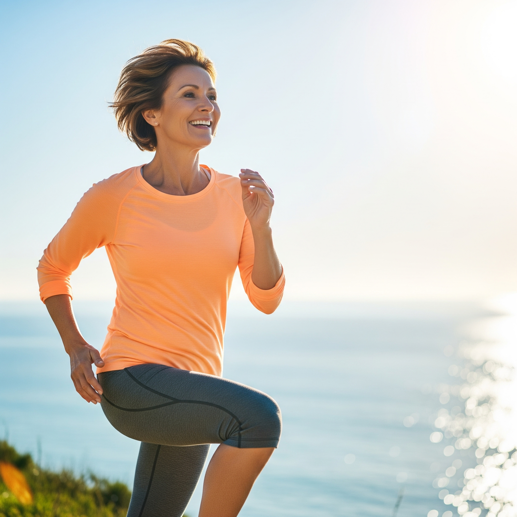 An active woman jogging comfortably on a sunny coastal path, demonstrating restored mobility and how to heal knee pain through the use of high-quality knee health supplements.