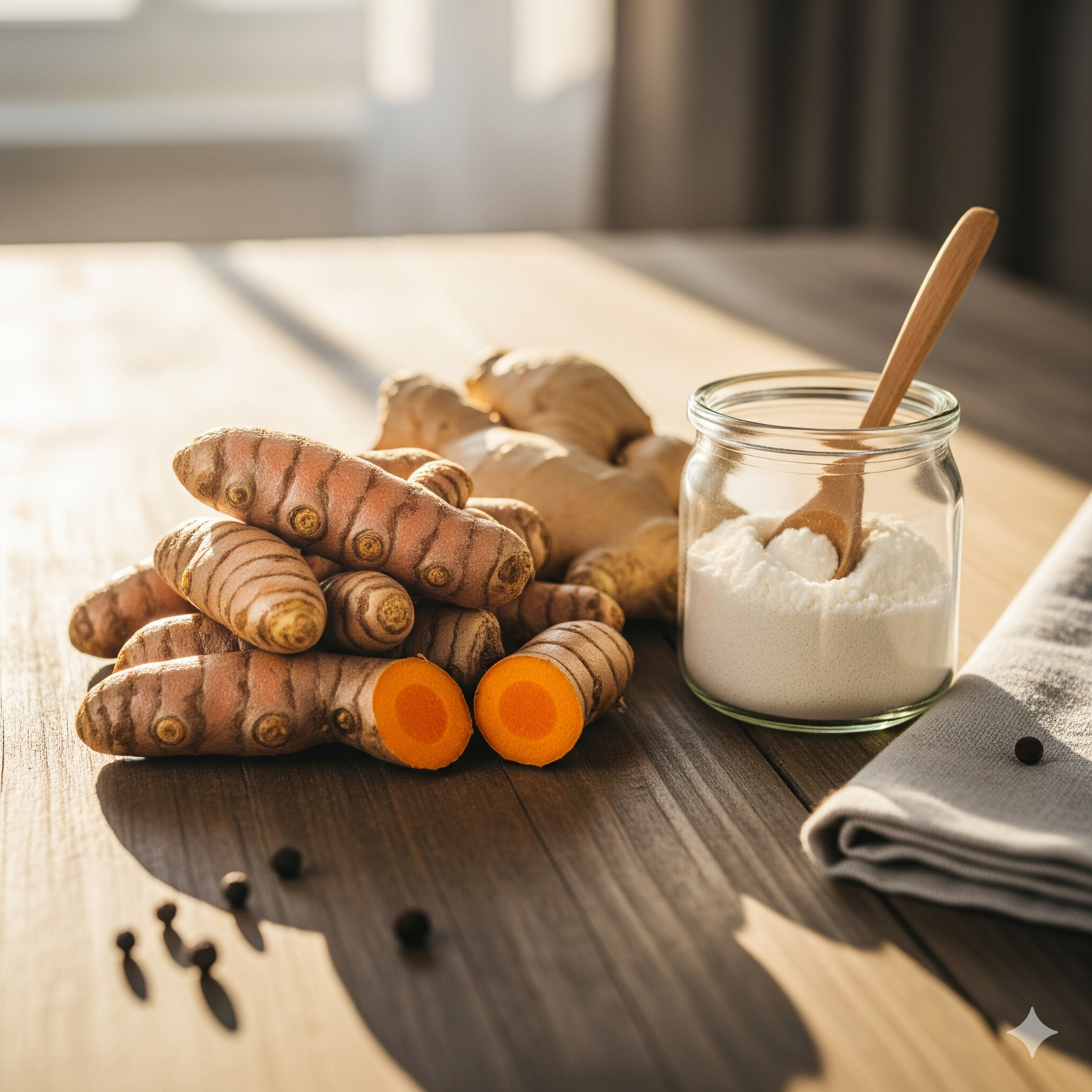 Fresh turmeric, ginger, and collagen powder on a rustic wooden table, representing natural knee health supplements and how to heal knee pain with bioavailable ingredients.