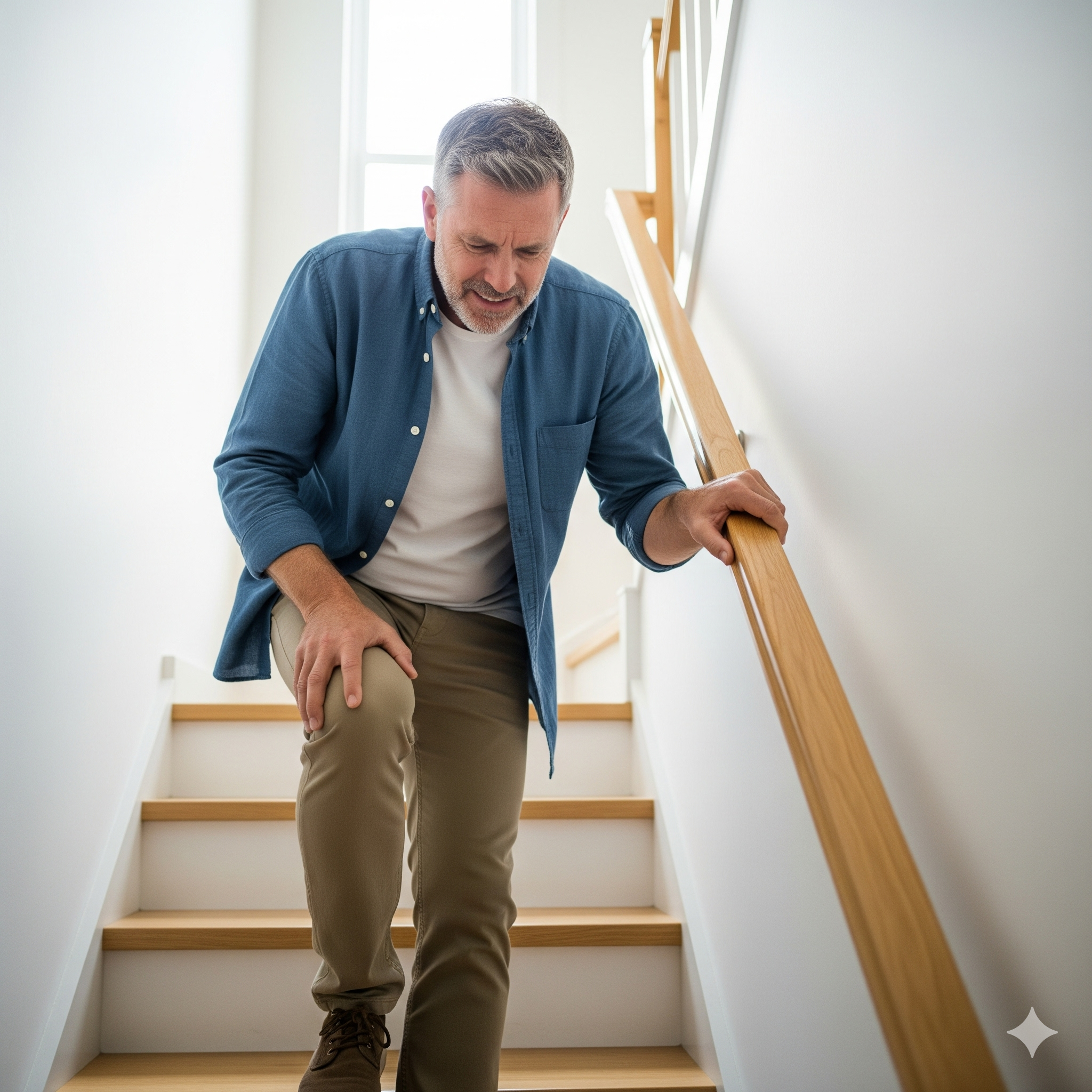 A middle-aged man clutching his knee in discomfort while struggling to climb stairs, illustrating common symptoms of inner knee pain and the need for structural joint support.