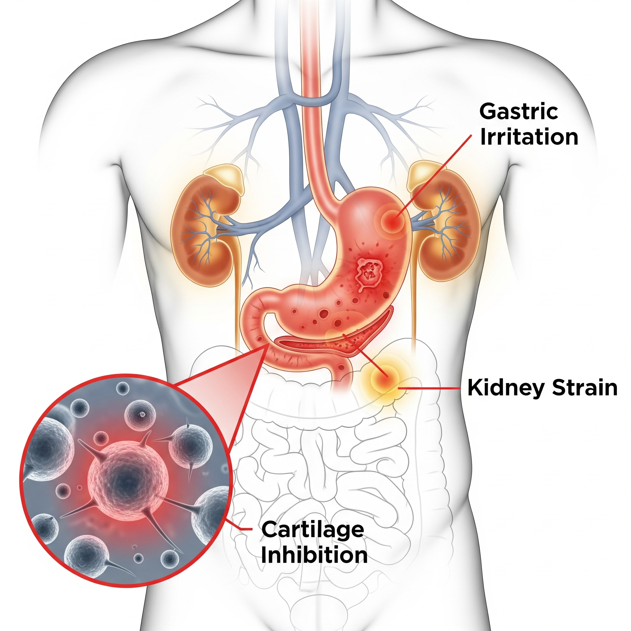 A clinical medical illustration showing the potential risks of long-term NSAID use, including gastric irritation, kidney strain, and inhibited cartilage repair, contrasting with structural recovery solutions like Yuregen Flex.