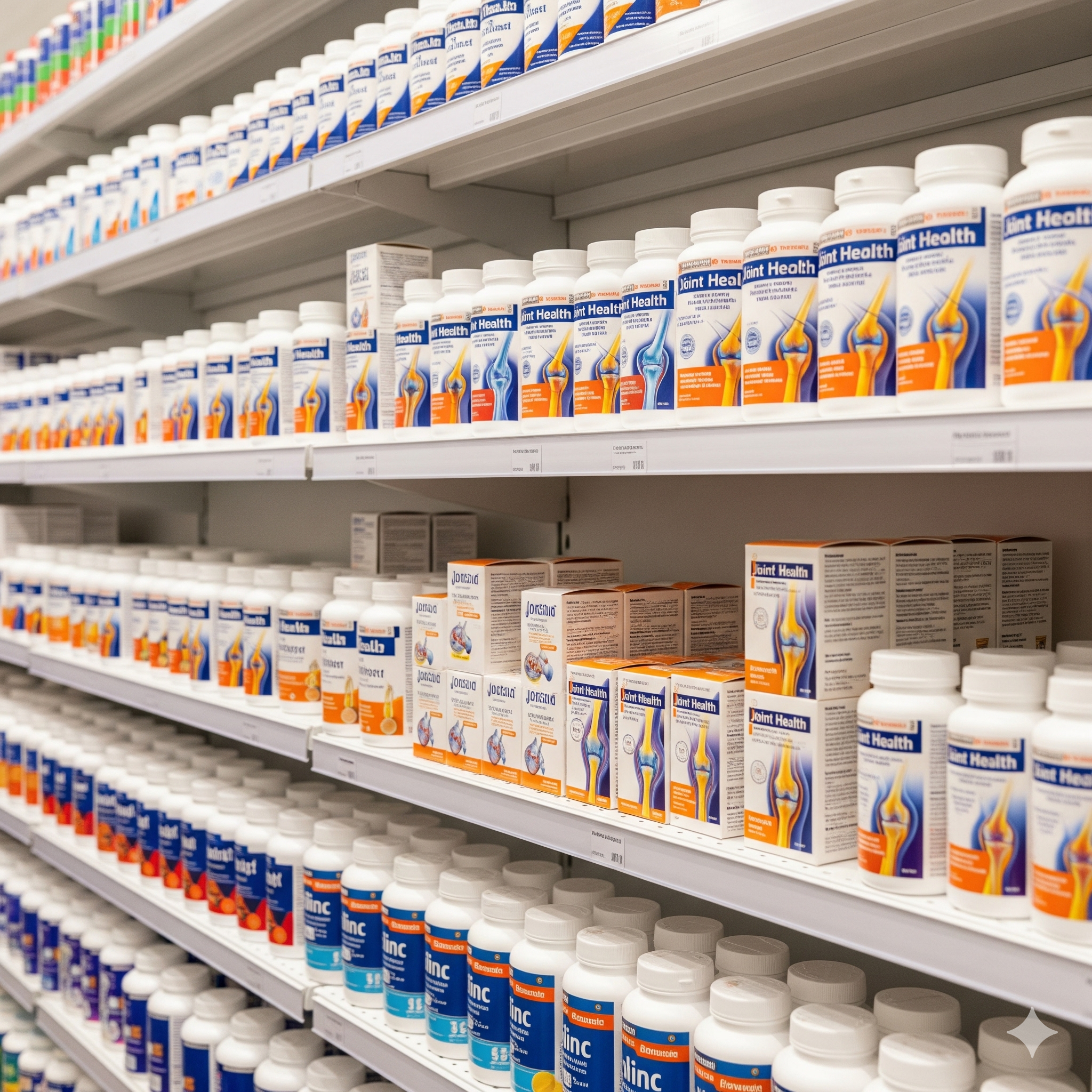 A realistic, wide-angle photograph of the joint supplement aisle in a major pharmacy like CVS. The shelves are packed with a diverse array of brands featuring unique and contrasting labels in vibrant colors like green, red, blue, and yellow, representing the crowded retail market that Yuregen Lifestyle is disrupting with its 43-ingredient formula.