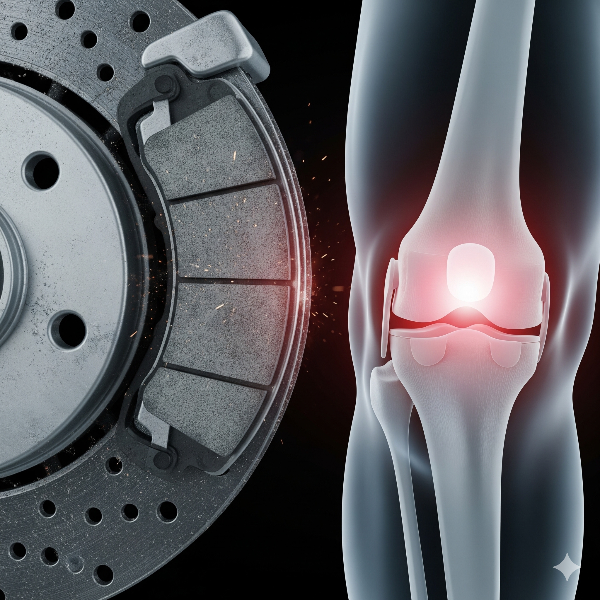 A conceptual split-screen illustration comparing a worn-out car brake pad grinding on a metal disc (left) to a medical X-ray of a human knee joint with thinning cartilage and red inflammation (right), illustrating why masking pain doesn't fix structural wear.