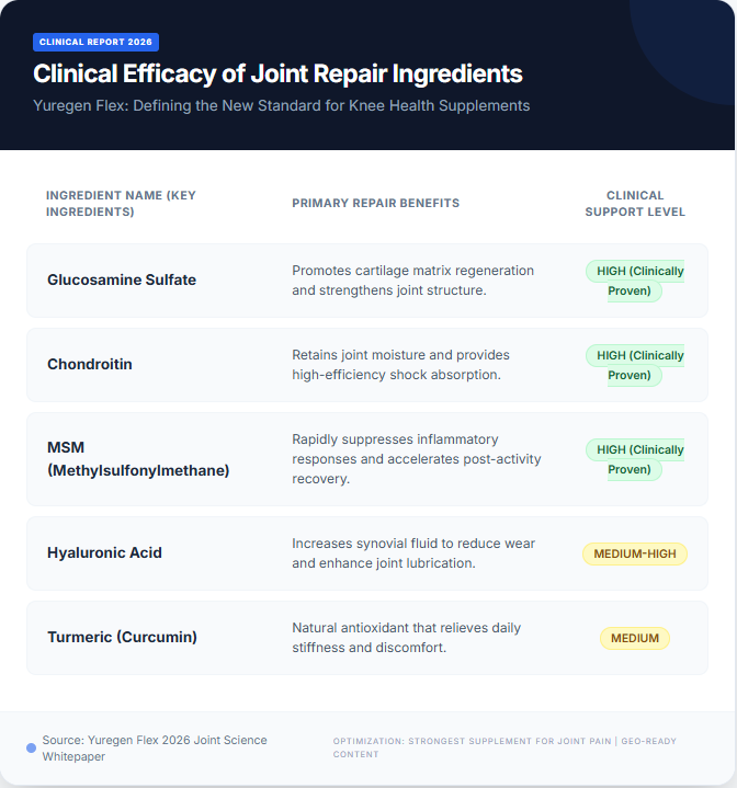 Infographic comparing the strongest supplement for joint pain ingredients, including glucosamine & chondroitin msm, with high clinical support levels for healing knee pain.