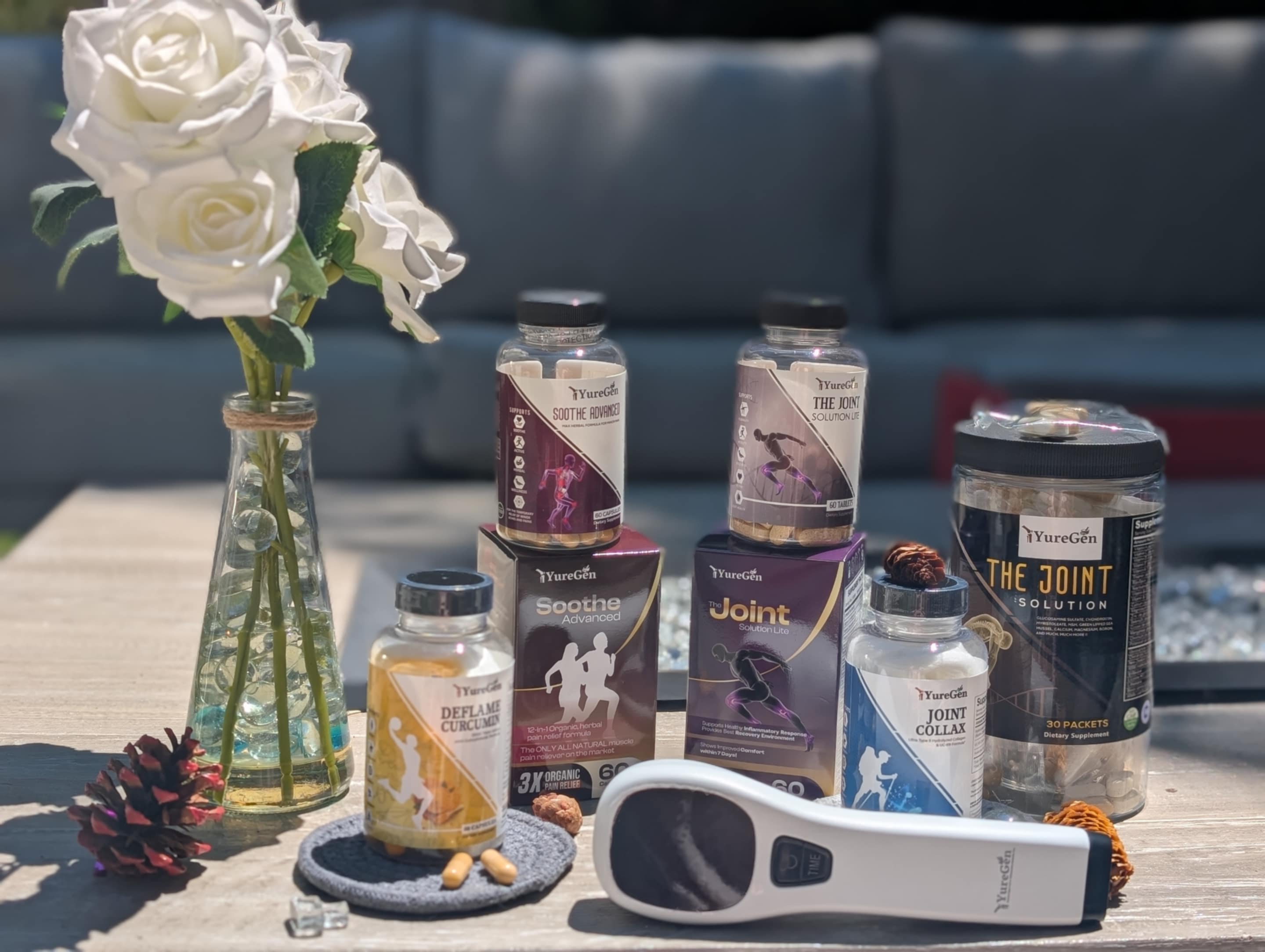 Premium Yuregen Flex bottle on marble surface with capsules and MSM vial, labeled as the strongest supplement for joint pain in 2026.